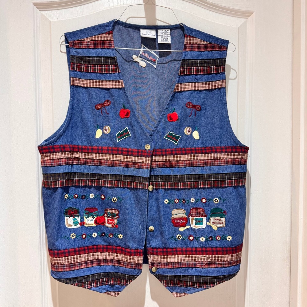 VTG Bobbie Brooks Womens Denim Blue Vest Cherries Apples Jars Plaid Trim XL